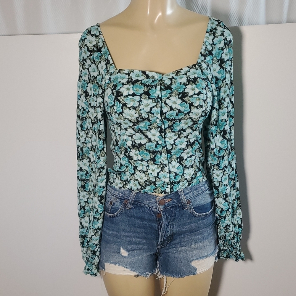 NWT Women’s & Other Stories square neck puff sleeve blouse green floral Size 0